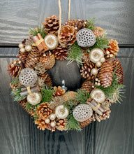 Load image into Gallery viewer, Festive Golden Fruits Pinecone Wreath