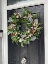 Load image into Gallery viewer, Christmas door Wreath Spruce/Foliage with PineCones, gold Baubles &amp; ferns
