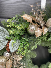 Load image into Gallery viewer, Christmas door Wreath Spruce/Foliage with PineCones, gold Baubles &amp; ferns
