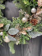 Load image into Gallery viewer, Christmas door Wreath Spruce/Foliage with PineCones, gold Baubles &amp; ferns
