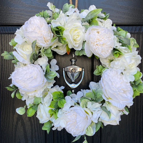 white rose and peony round artificial door wreath