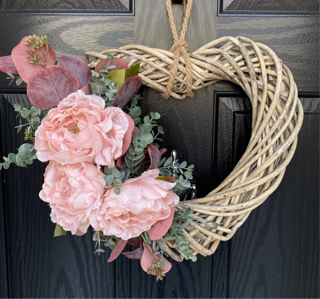 pink peony heart door wreath